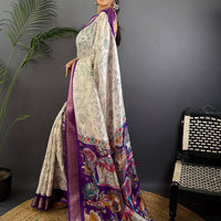 Purple Dola Silk Pen Kalamkari Print Saree