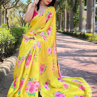 Yellow Pure Satin Georgette with Zircon Swarovski Border Saree