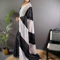Black And White Poly Chiffon Swaroki Work Saree