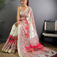 White Soft Silk Pashmina Kashmiri Print Saree