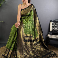 Green Self Chex Soft Silk Saree