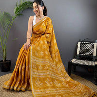 Mustard Leaf Print Ghicha Handloom Saree
