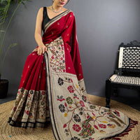 Red Pure Cotton Viscose Kalamkari Print Saree
