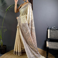 Cream Tussar Silk Madhubani Print Saree