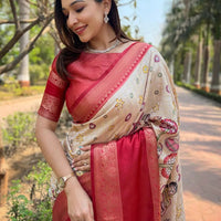 Chiku Colour Double Border Chex Weaving Banarasi Soft Silk Saree