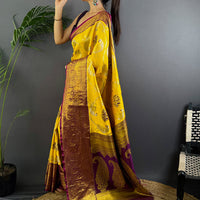 Yellow Dharmavaram Gold Birds Print Saree