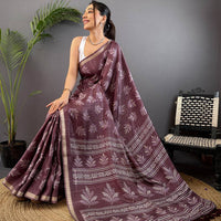 Dark Wine Leaf Print Ghicha Handloom Saree