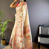 Off White Ethnic Motif Silk Blend Saree
