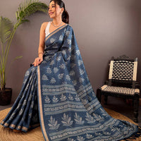 Steel Blue Leaf Print Ghicha Handloom Saree