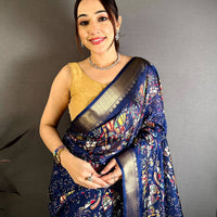 Navy Pen Kalamkari Soft Dola Zari Saree