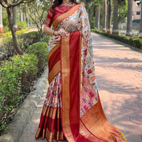 Beige Colour Double Border Chex Weaving Banarasi Soft Silk Saree