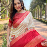 Cream Colour Double Border Chex Weaving Banarasi Soft Silk Saree