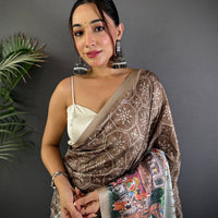 Taupe Kalamkari Digital Printed Saree