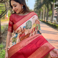 Peach Colour Double Border Chex Weaving Banarasi Soft Silk Saree