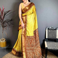 Yellow Pearl Ikkat Dola Silk Saree