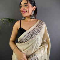 Cream Tussar Silk Madhubani Print Saree