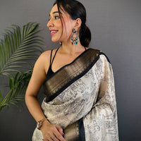 Black Dola Silk Pen Kalamkari Print Saree