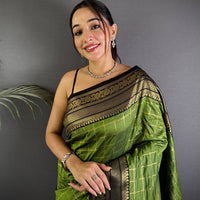 Green Self Chex Soft Silk Saree