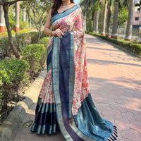 Blue Colour Double Border Chex Weaving Banarasi Soft Silk Saree