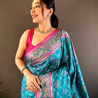 Sky Blue Pochampally Patola Soft Silk Saree