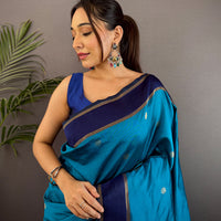 Teal Blue Silk Blend Floral Saree