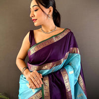Ethereal Sky Gadhwal Soft Silk Saree