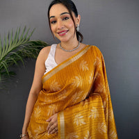 Mustard Leaf Print Ghicha Handloom Saree