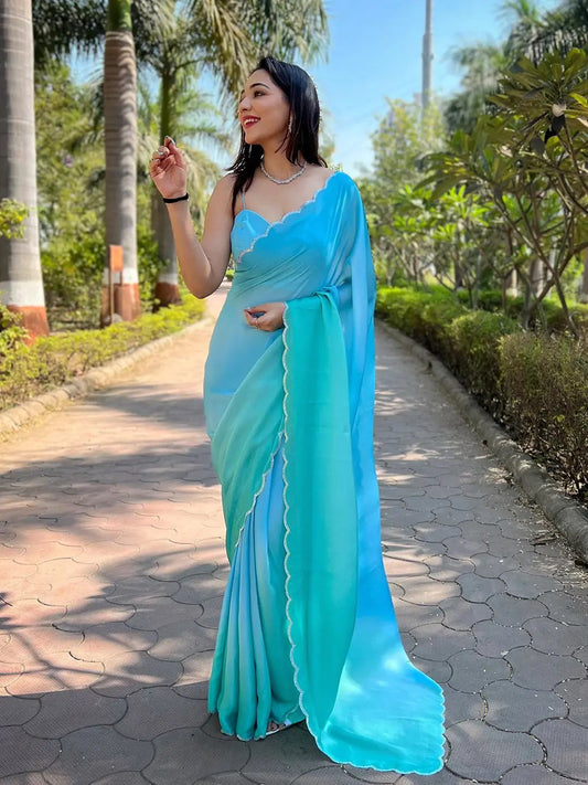Sky Blue Satin Georgette Saree
