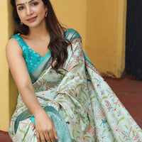 Pista Hand Kalamkari Printed Pure Viscose Dola Silk Saree - Luxe