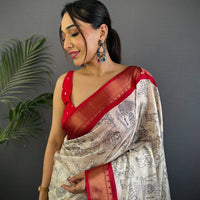 Red Dola Silk Pen Kalamkari Print Saree