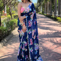 Navy Satin Georgette Floral Print Saree