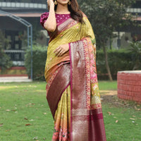 Light Green Colour Pure Viscose Dola Silk Saree with Pichwai Kalamkari Print - Luxe