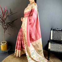 Classic Pink Tussar Thread Cut Work Saree