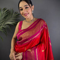 Rose Red Gadwal Border Soft Silk Saree