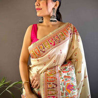 Off White Ethnic Motif Silk Blend Saree