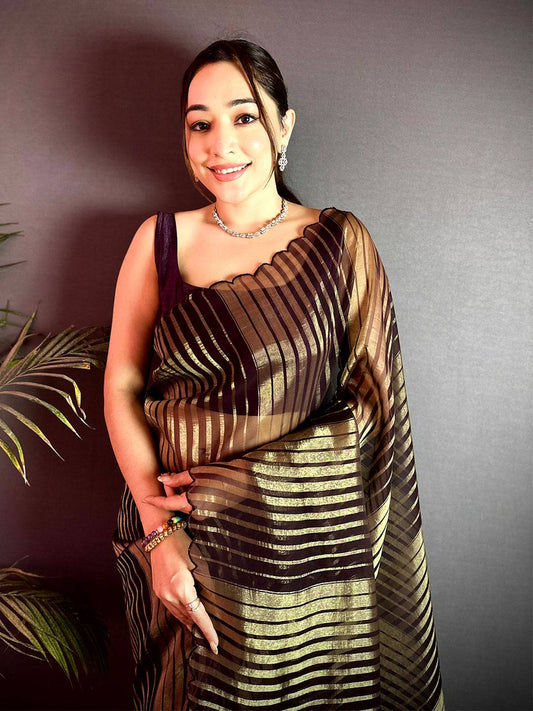 Radiant Gold Zari Striped Chiffon Saree