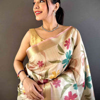 Light Cream Soft Silk Tissue Floral Print Saree