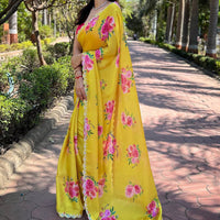 Yellow Pure Satin Georgette with Zircon Swarovski Border Saree