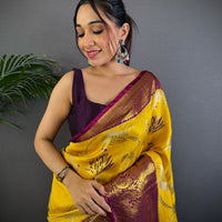 Yellow Dharmavaram Gold Birds Print Saree