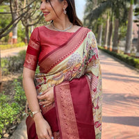 Pista Colour Double Border Chex Weaving Banarasi Soft Silk Saree