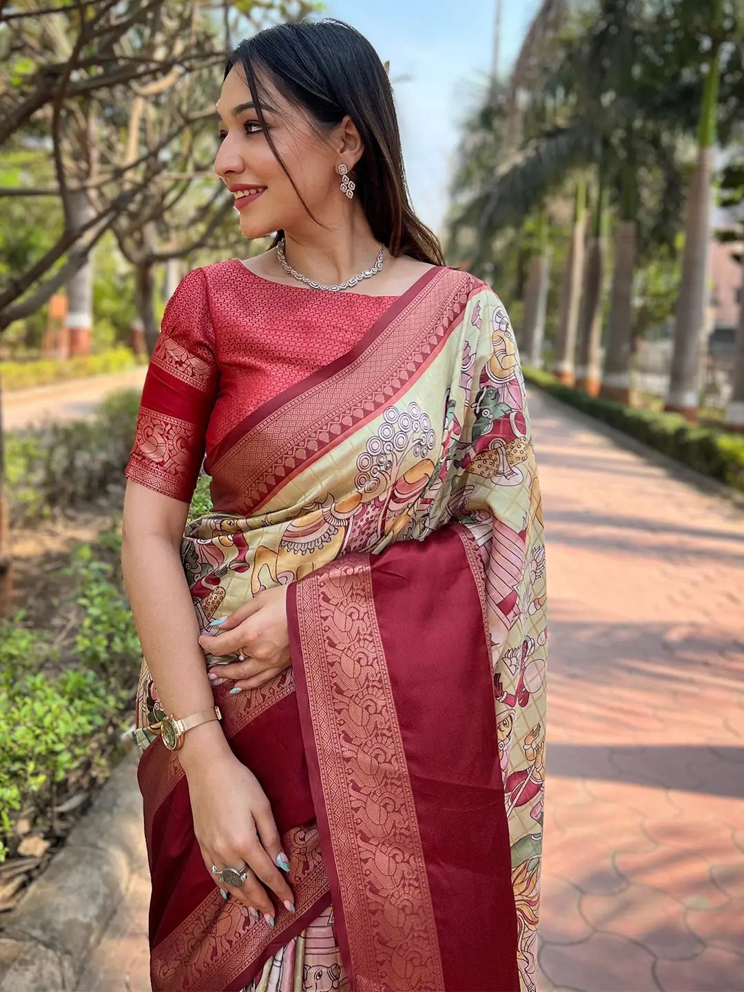 Pista Colour Double Border Chex Weaving Banarasi Soft Silk Saree