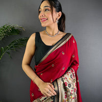 Red Pure Cotton Viscose Kalamkari Print Saree