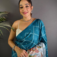 Teal Kalamkari Digital Printed Saree