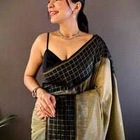 Black Soft Silk Saree With Zari Chex Border