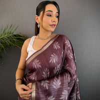 Dark Wine Leaf Print Ghicha Handloom Saree