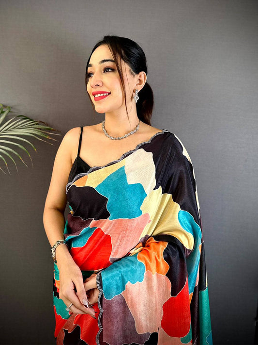 Opulent Freehand Abstract Chinnon Saree