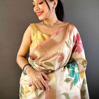 Cream Soft Silk Tissue Floral Print Saree
