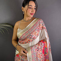 White Soft Silk Pashmina Kashmiri Print Saree