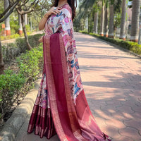 Off White Colour Double Border Chex Weaving Banarasi Soft Silk Saree