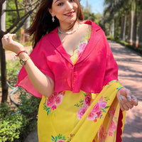 Yellow Pure Satin Georgette with Zircon Swarovski Border Saree
